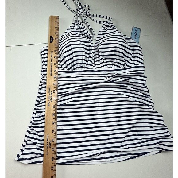 Yonique Open Back Halter Tankini Top Swimsuit Blue White Stripe XL Ruched - Picture 9 of 11
